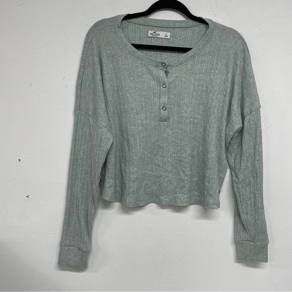 Hollister Green Cropped Ribbed Long Sleeve Sweater Womens L Casual Boxy Fit Top - Picture 1 of 8
